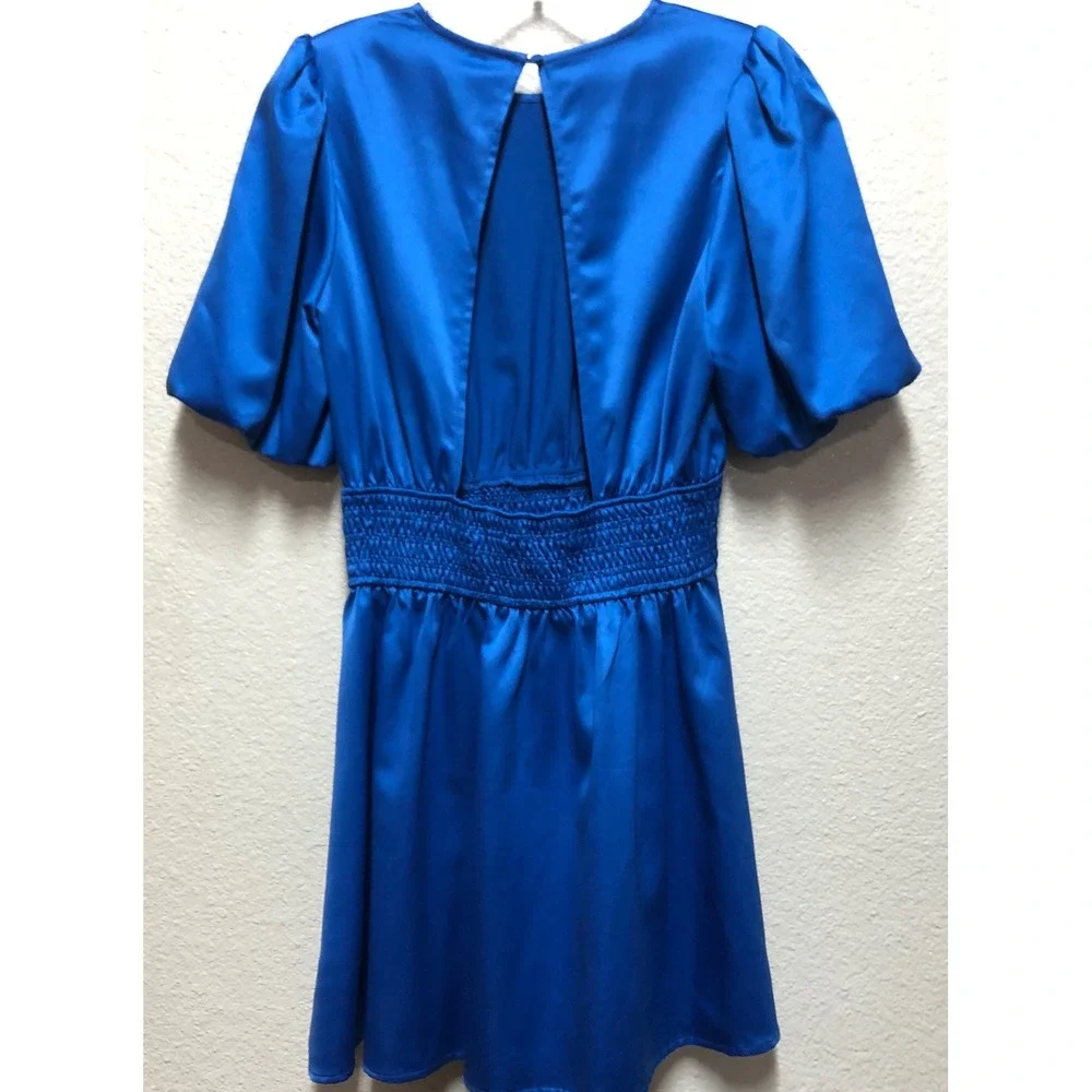 Glam Los‎ Angeles Royal Blue Satin Open Back Smocked Mini Dress GD3845 Small NWT